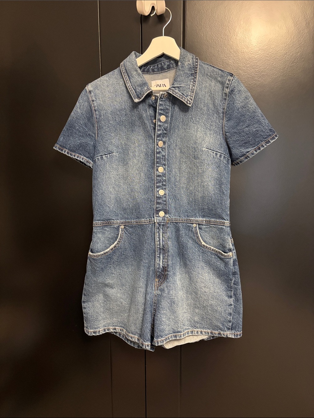 Zara Medium Blue Denim Short-Sleeve Romper